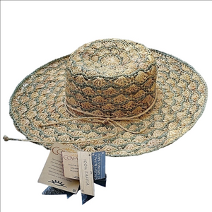 Cover Your World Raffia Hat One Size Beige Green Adjustable Wide Brim New Woven